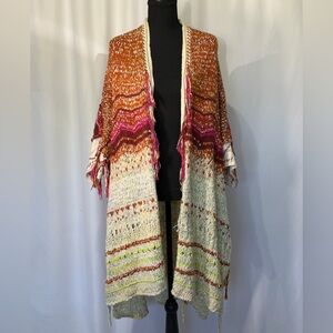Free People crocheted Boho Multicolor Knit Duster Cardigan - Pink, Rust, Cream